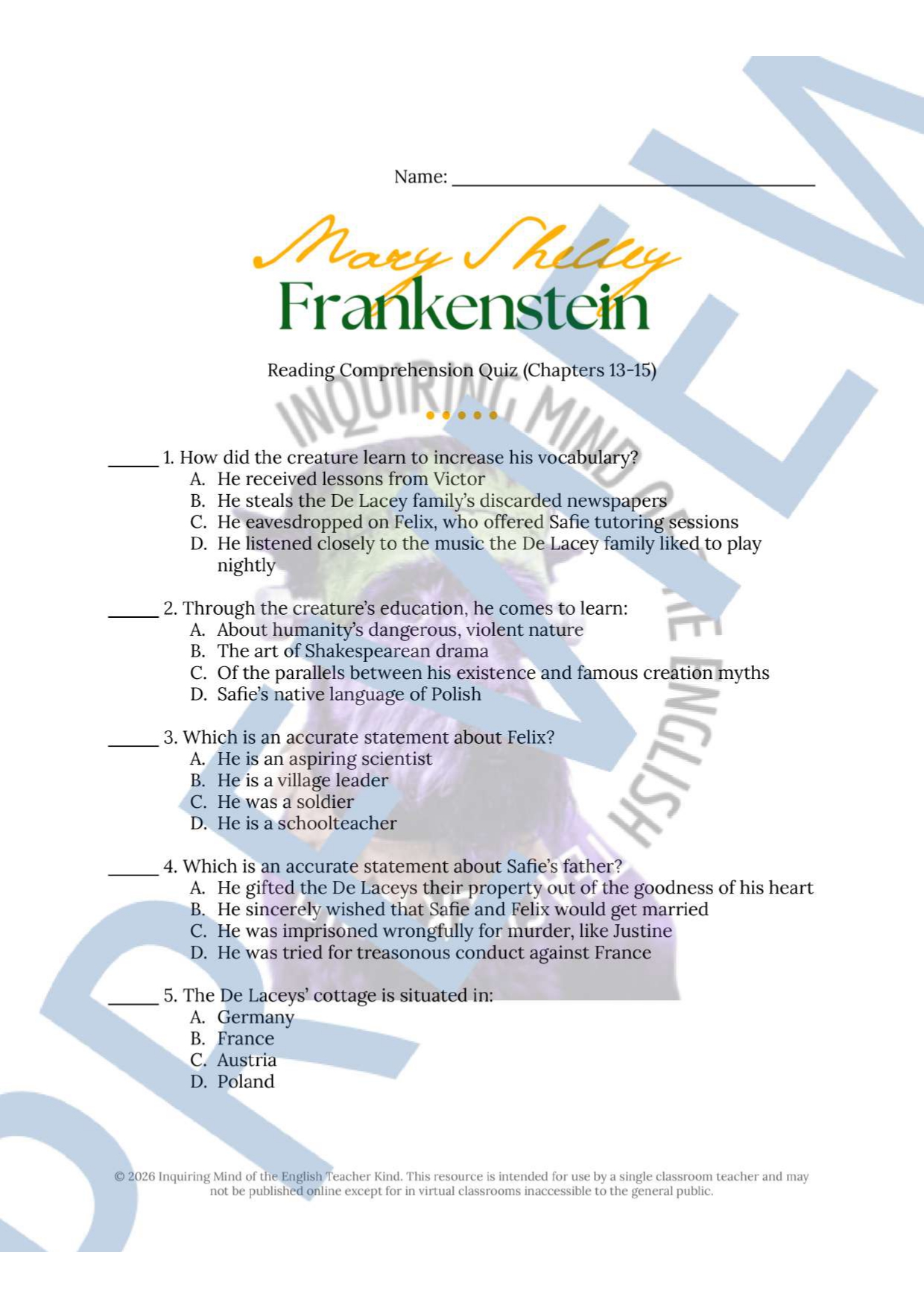 Frankenstein Chapters 13, 14, and 15 Quiz, Close Reading Worksheet, and