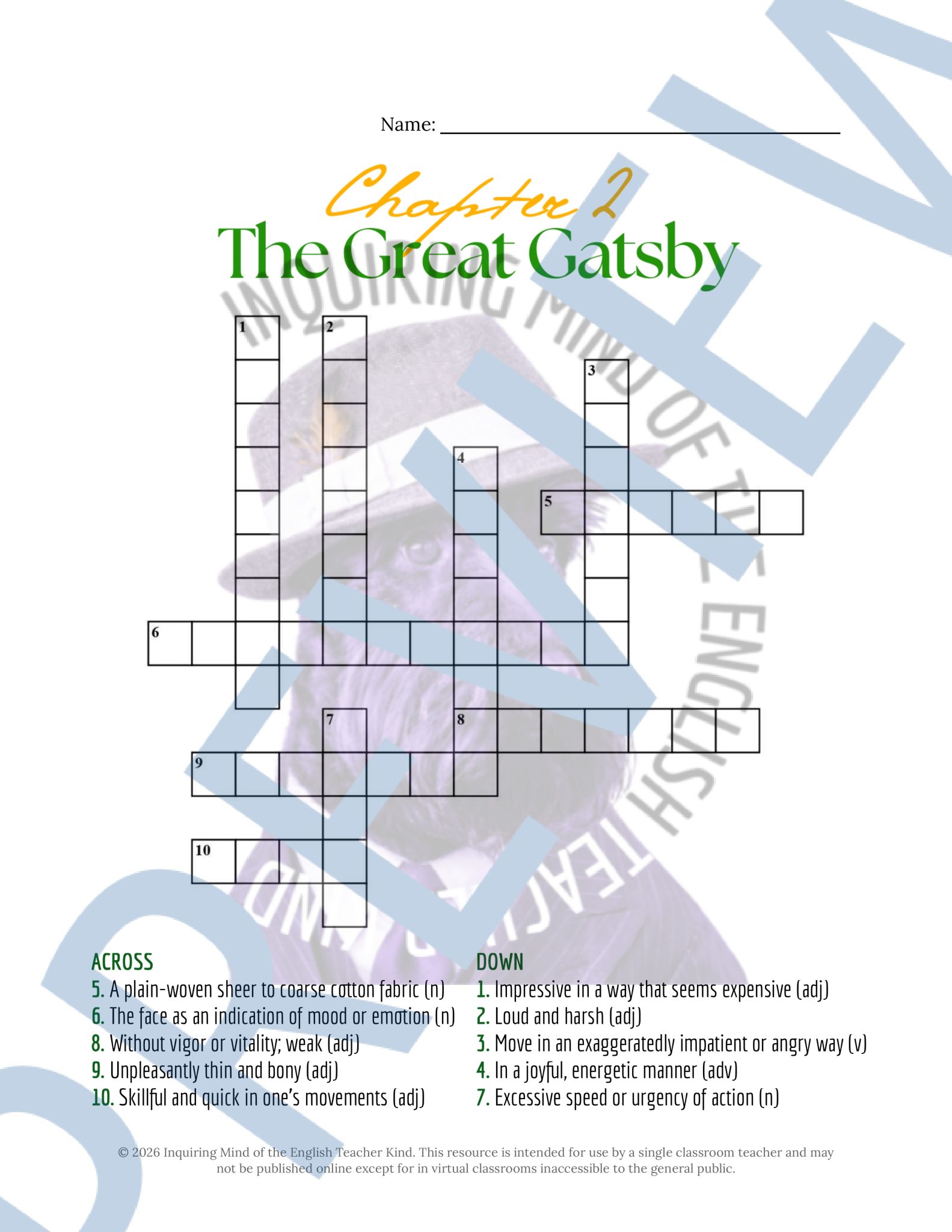 Great Gatsby Chapter 2 Vocabulary Activities | Crossword Puzzle | Word ...
