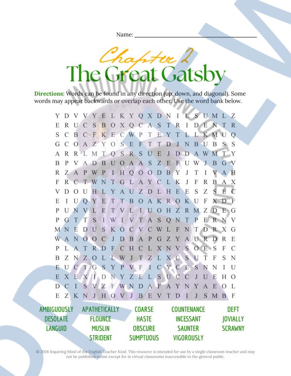 Great Gatsby Chapter 2 Vocabulary Activities | Crossword Puzzle | Word ...