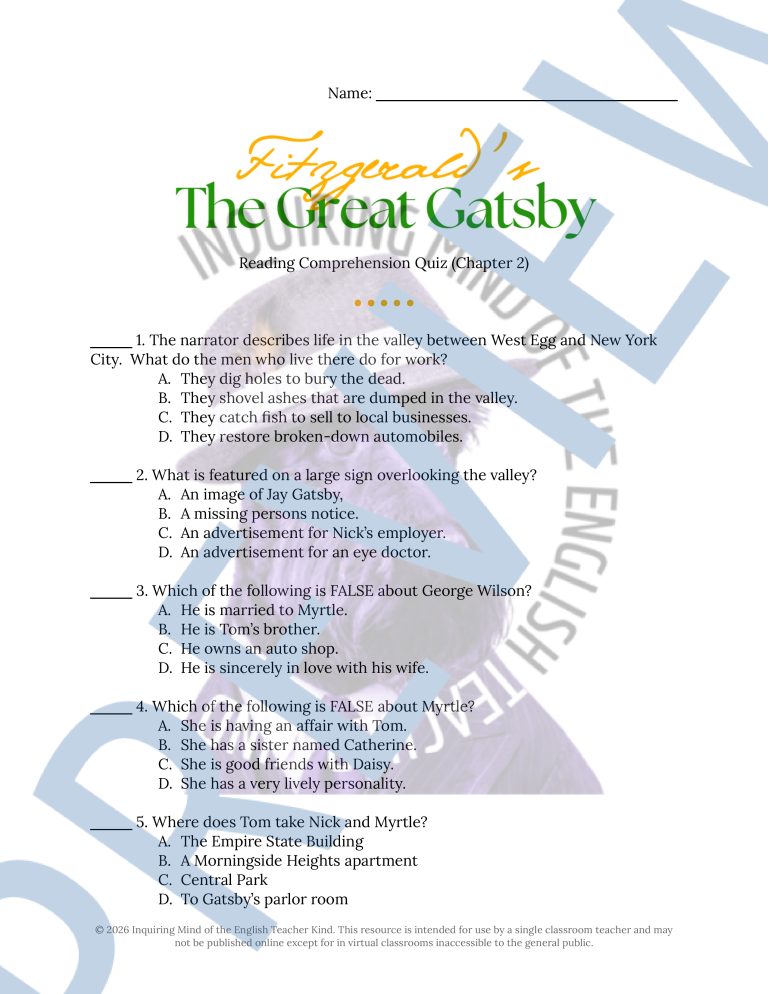 The Great Gatsby Chapter 2 Quiz and Answer Key | Independent Reading ...
