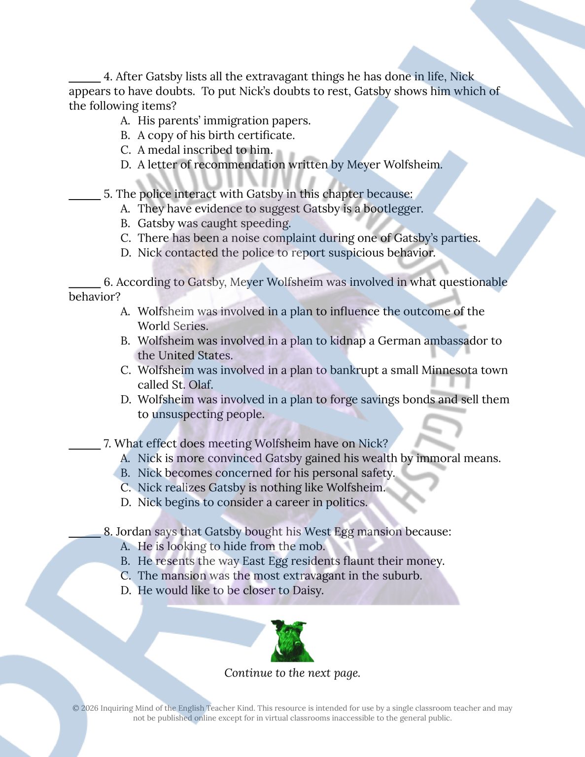 The Great Gatsby Chapter 4 Quiz and Answer Key | Independent Reading ...