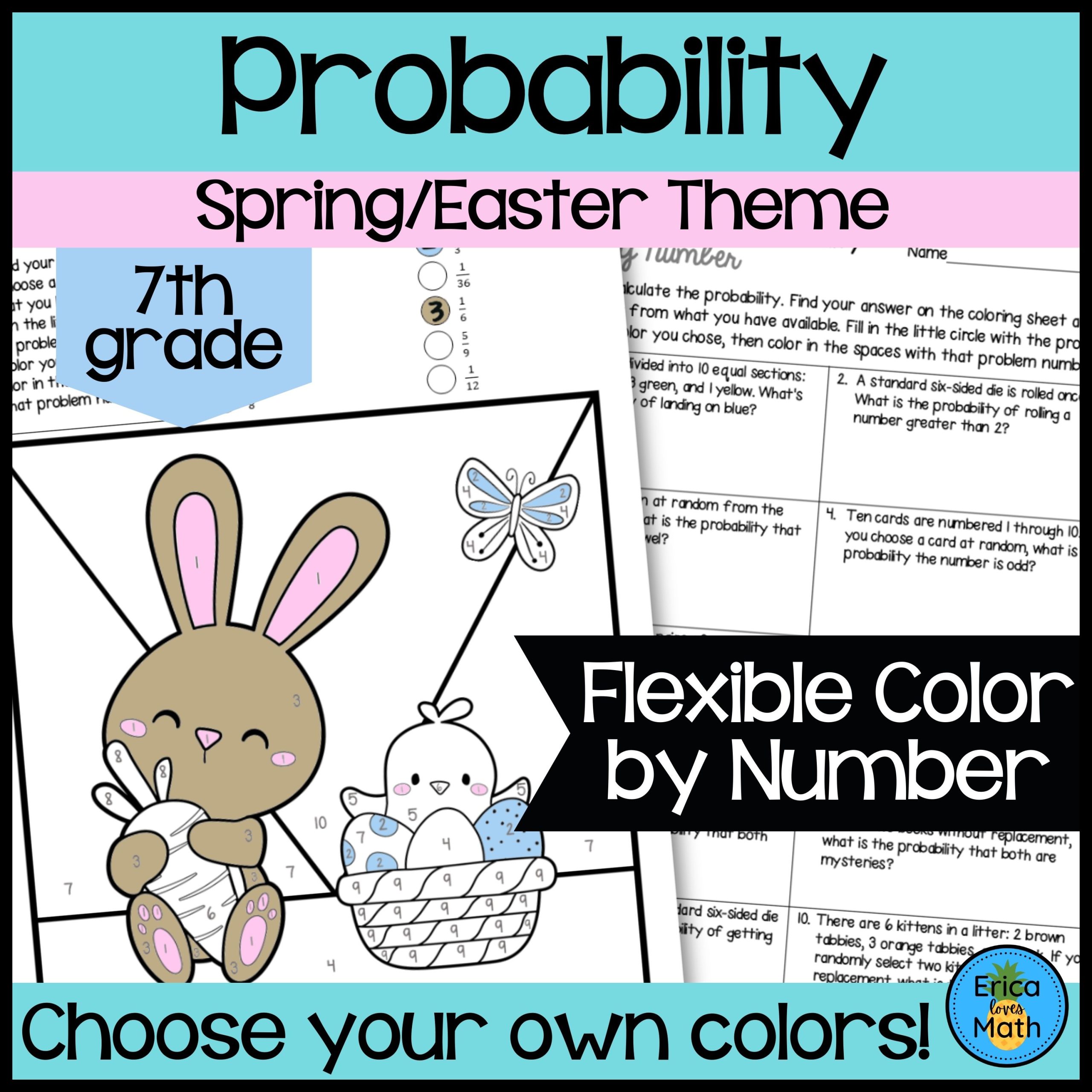 Simple & Compound Probability Color by Number Activity (7th Grade Easter)