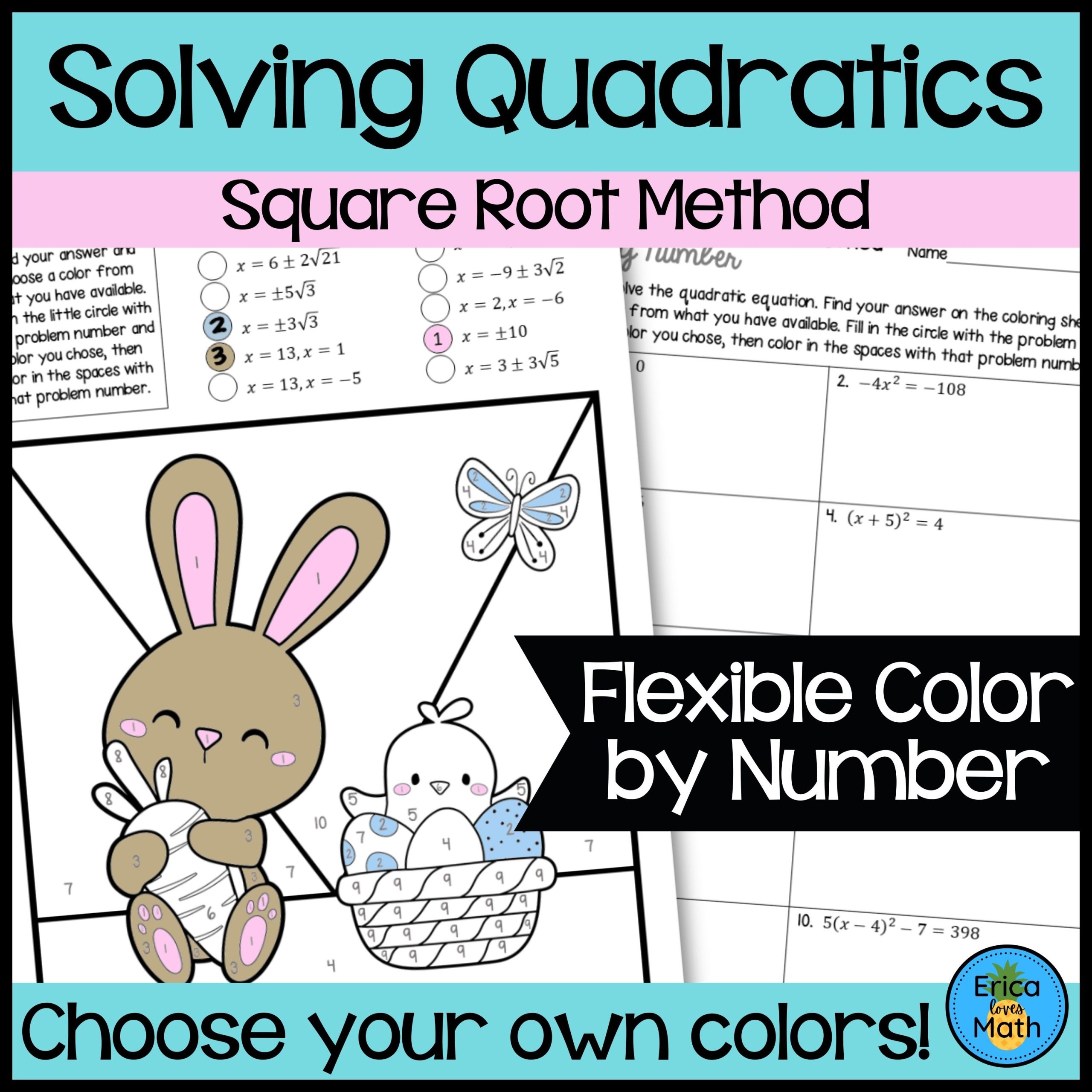 Solving Quadratic Equations by Square Roots Color by Number Activity for Easter