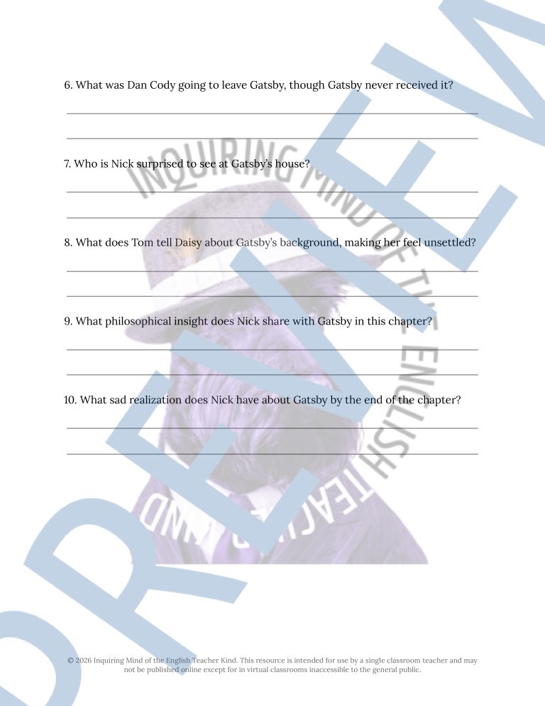 The Great Gatsby Chapter 6 Quiz and Answer Key | Independent Reading ...