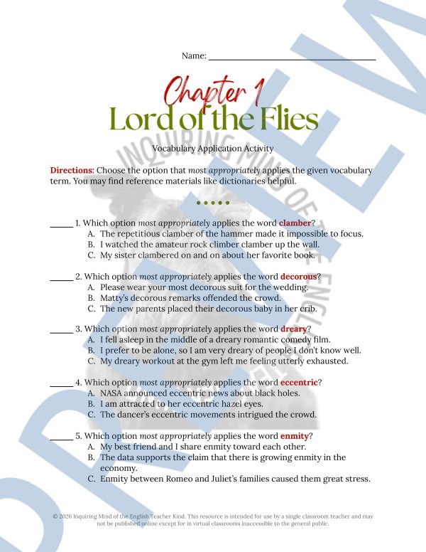 Lord of the Flies Chapter 1 Vocabulary Games | Crossword Puzzle | Word ...