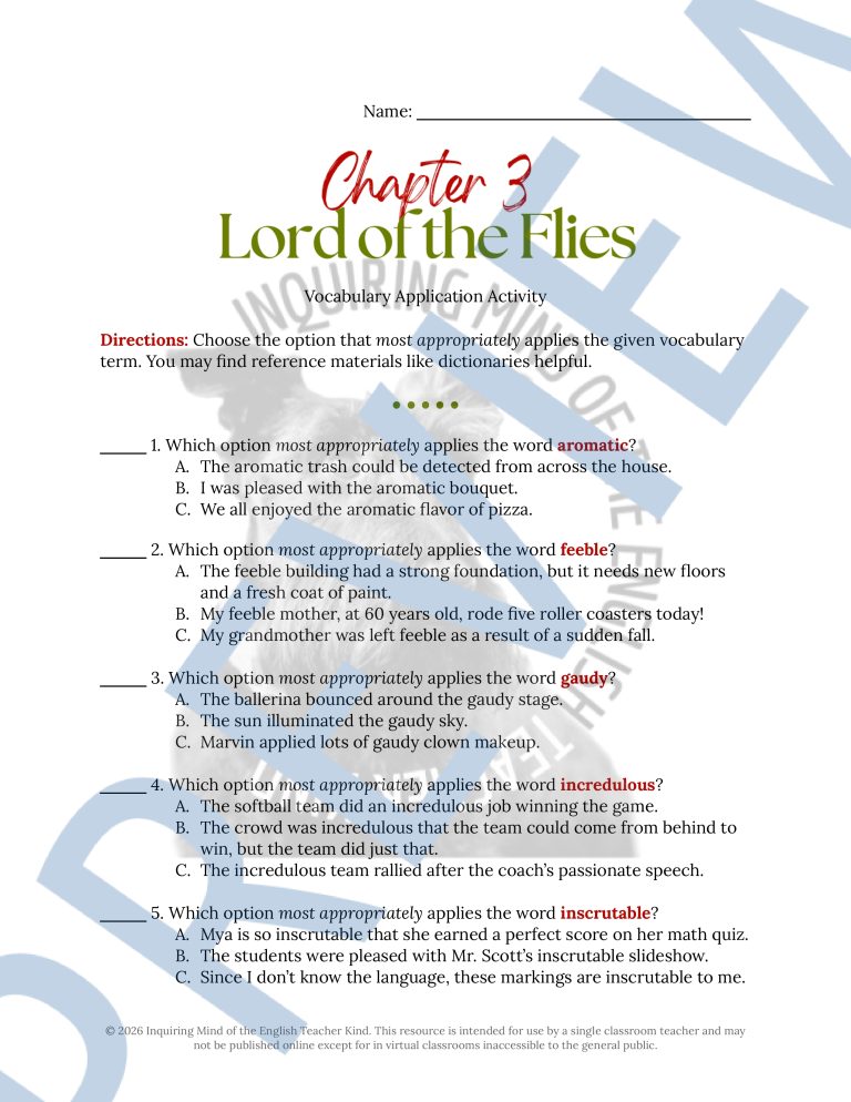 Lord of the Flies Chapter 3 Vocabulary Games | Crossword Puzzle | Word ...