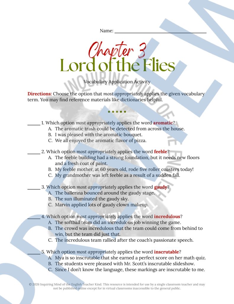 Lord of the Flies Chapter 3 Vocabulary Games | Crossword Puzzle | Word ...
