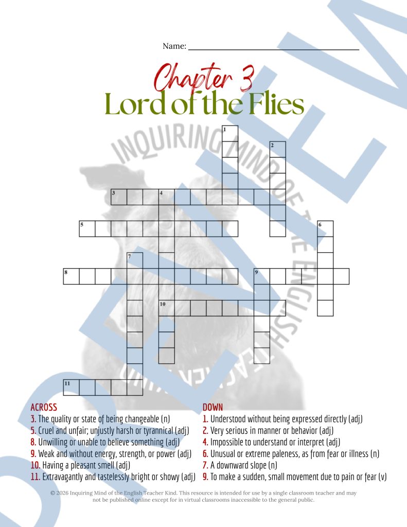 Lord of the Flies Chapter 3 Vocabulary Games | Crossword Puzzle | Word ...