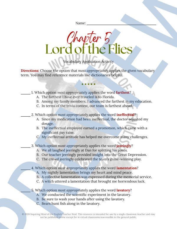 Lord of the Flies Chapter 5 Vocabulary Games | Crossword Puzzle | Word ...