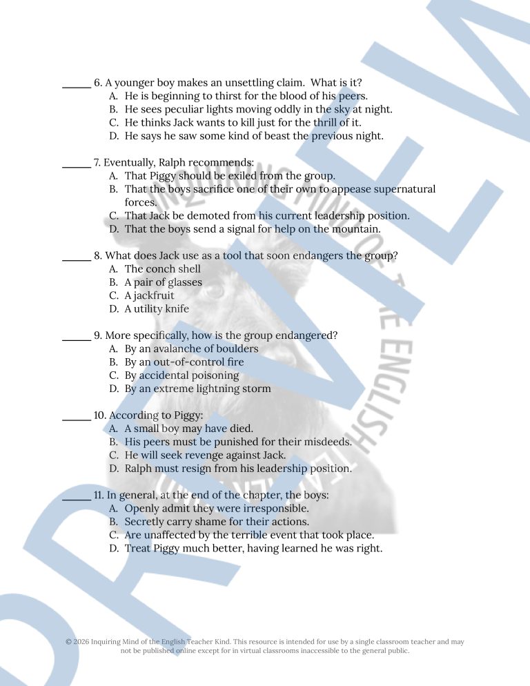 Lord of the Flies Chapter 2 Quiz and Answer Key | Guided Reading ...