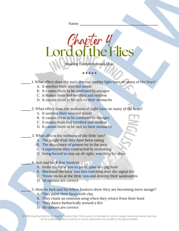 Lord of the Flies Chapter 4 Quiz and Answer Key | Guided Reading ...