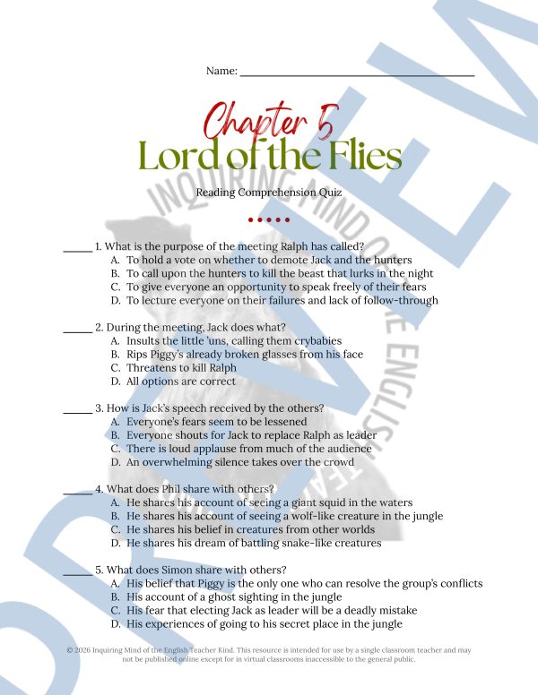 Lord of the Flies Chapter 5 Quiz and Answer Key | Guided Reading ...