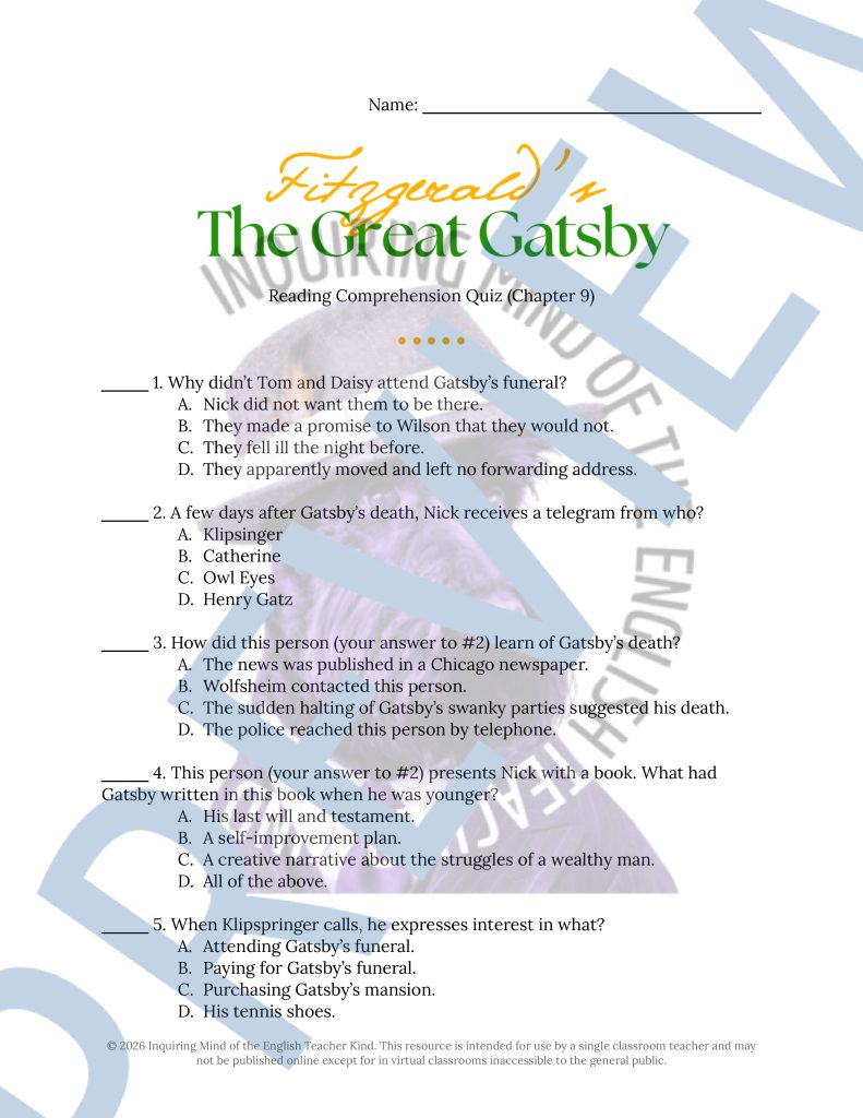 The Great Gatsby Chapter 9 Quiz and Answer Key | Independent Reading ...
