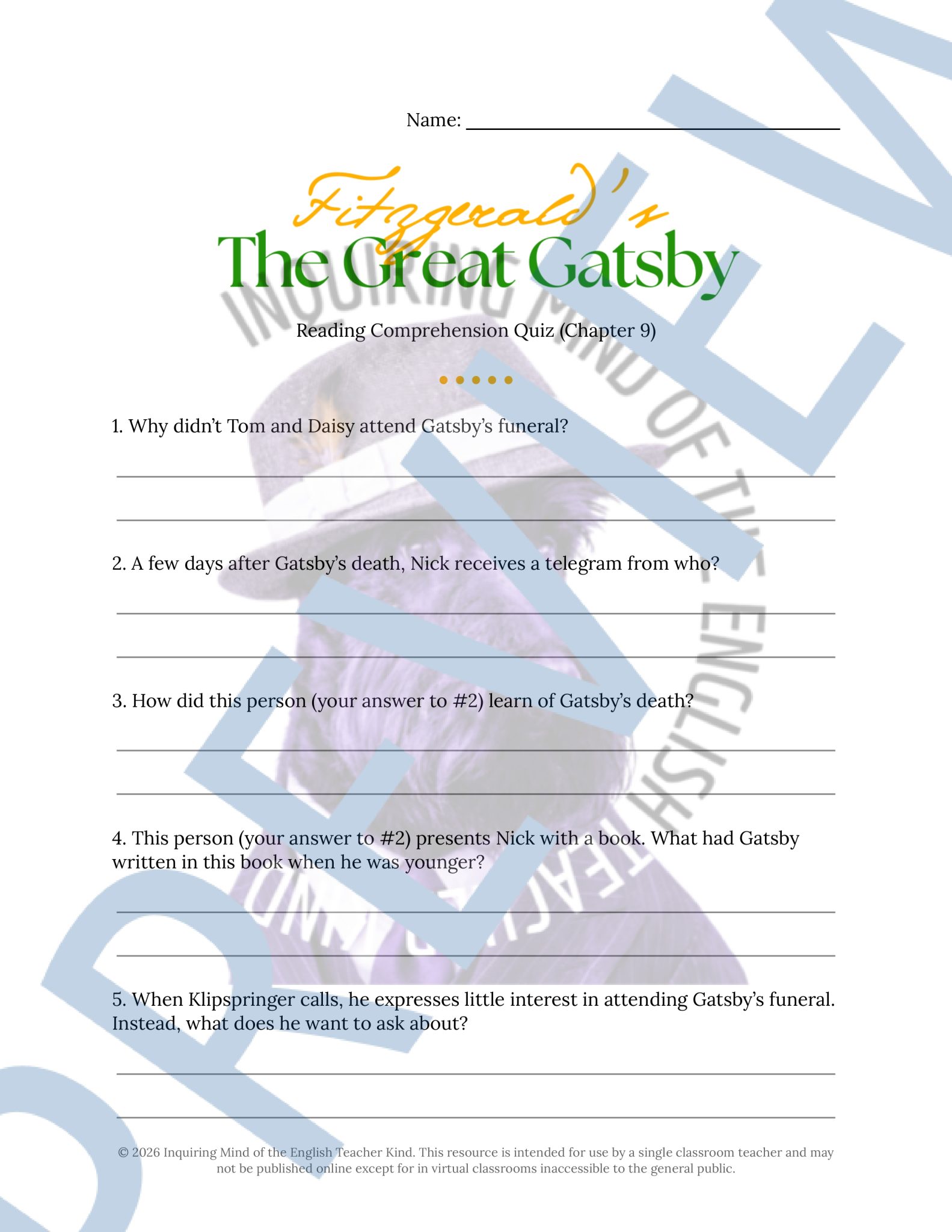 The Great Gatsby Chapter 9 Quiz and Answer Key | Independent Reading ...
