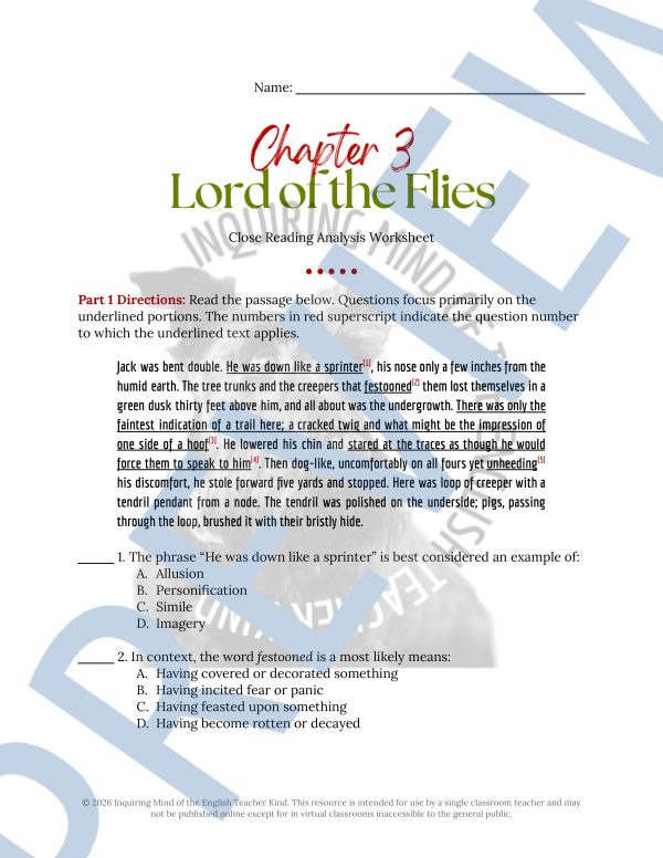 Lord of the Flies Chapter 3 Analysis Worksheet | Dystopian Young Adult ...