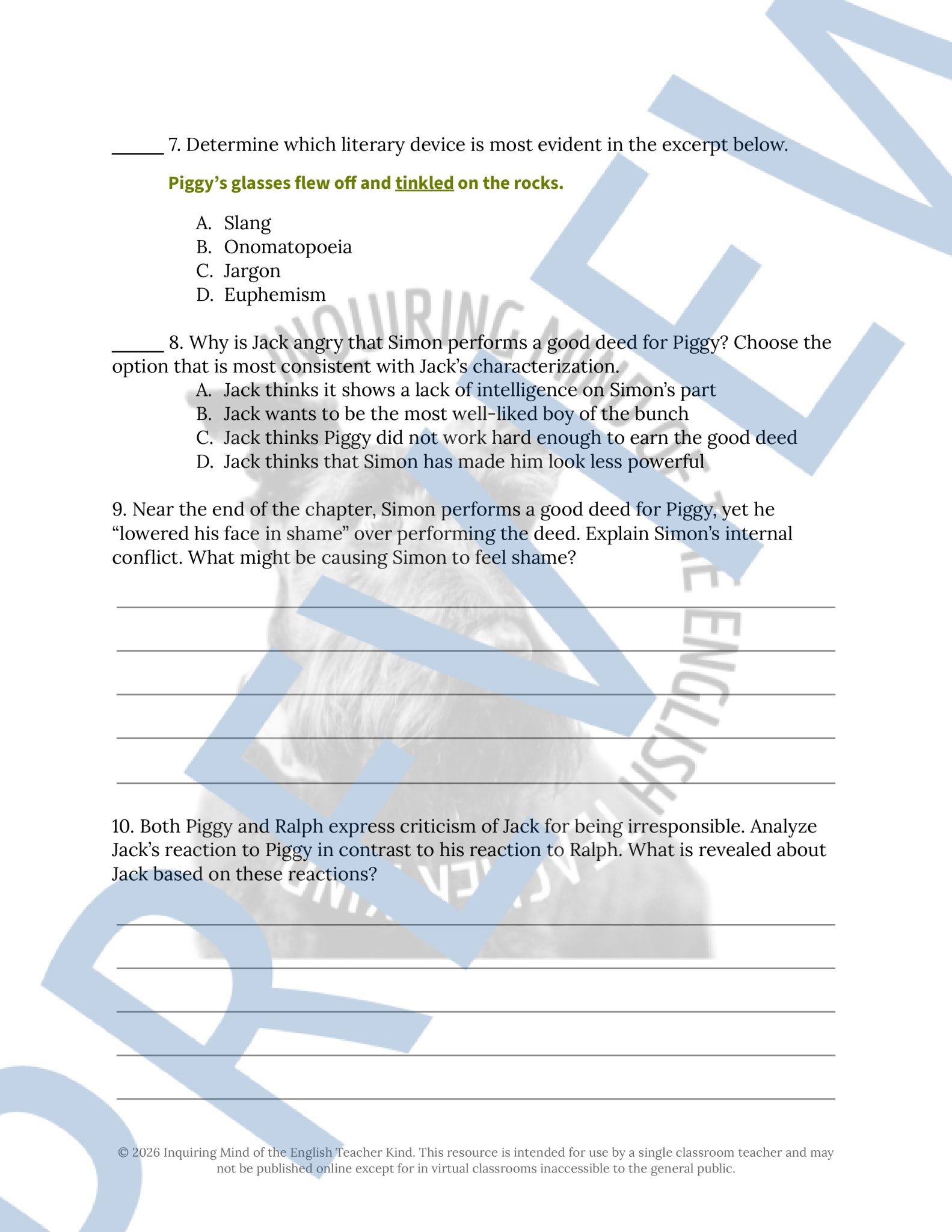 Lord of the Flies Chapter 4 Analysis Worksheet | Dystopian Young Adult ...