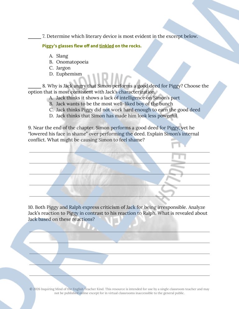 Lord of the Flies Chapter 4 Analysis Worksheet | Dystopian Young Adult ...