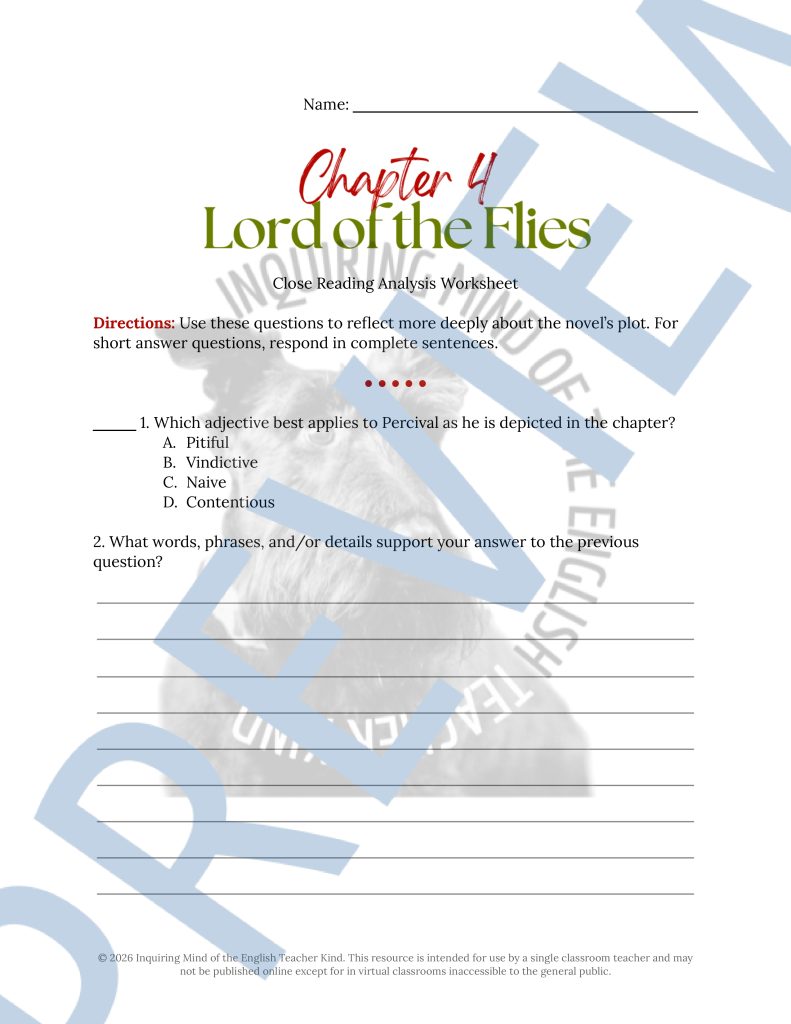 Lord of the Flies Chapter 4 Quiz, Analysis Worksheet, and Vocabulary ...