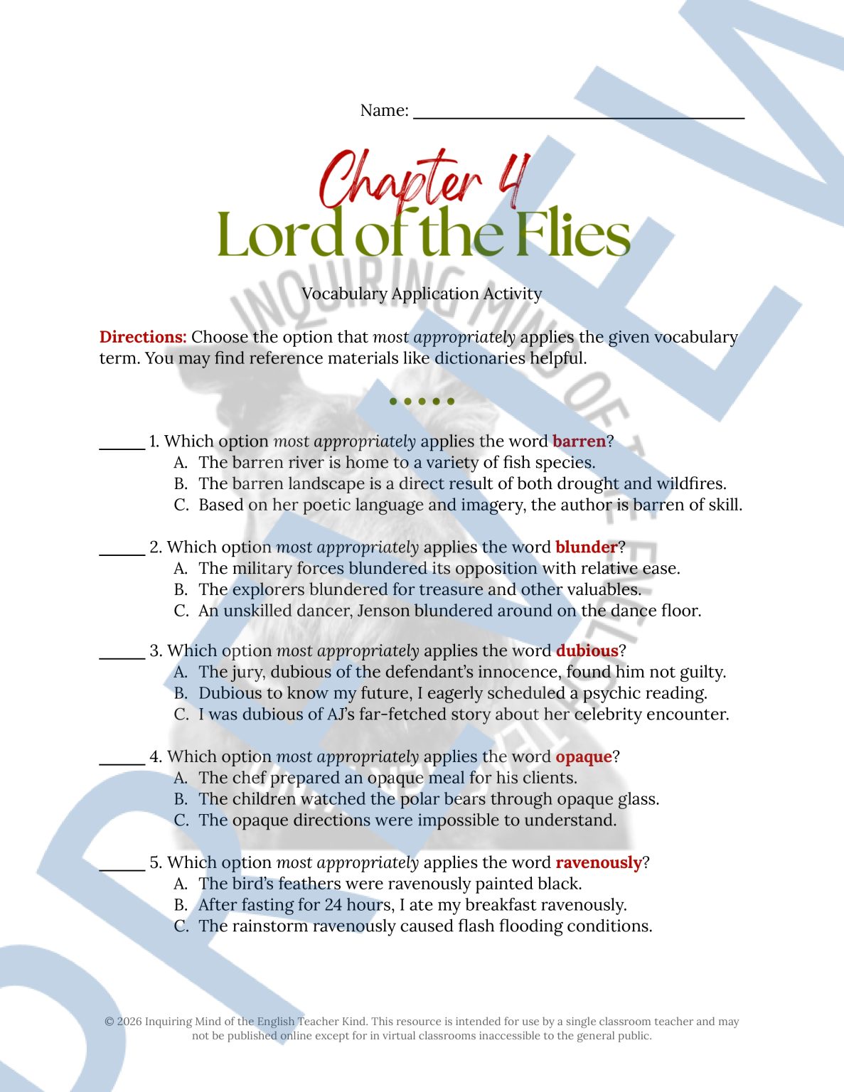 Lord of the Flies Chapter 4 Quiz, Analysis Worksheet, and Vocabulary ...