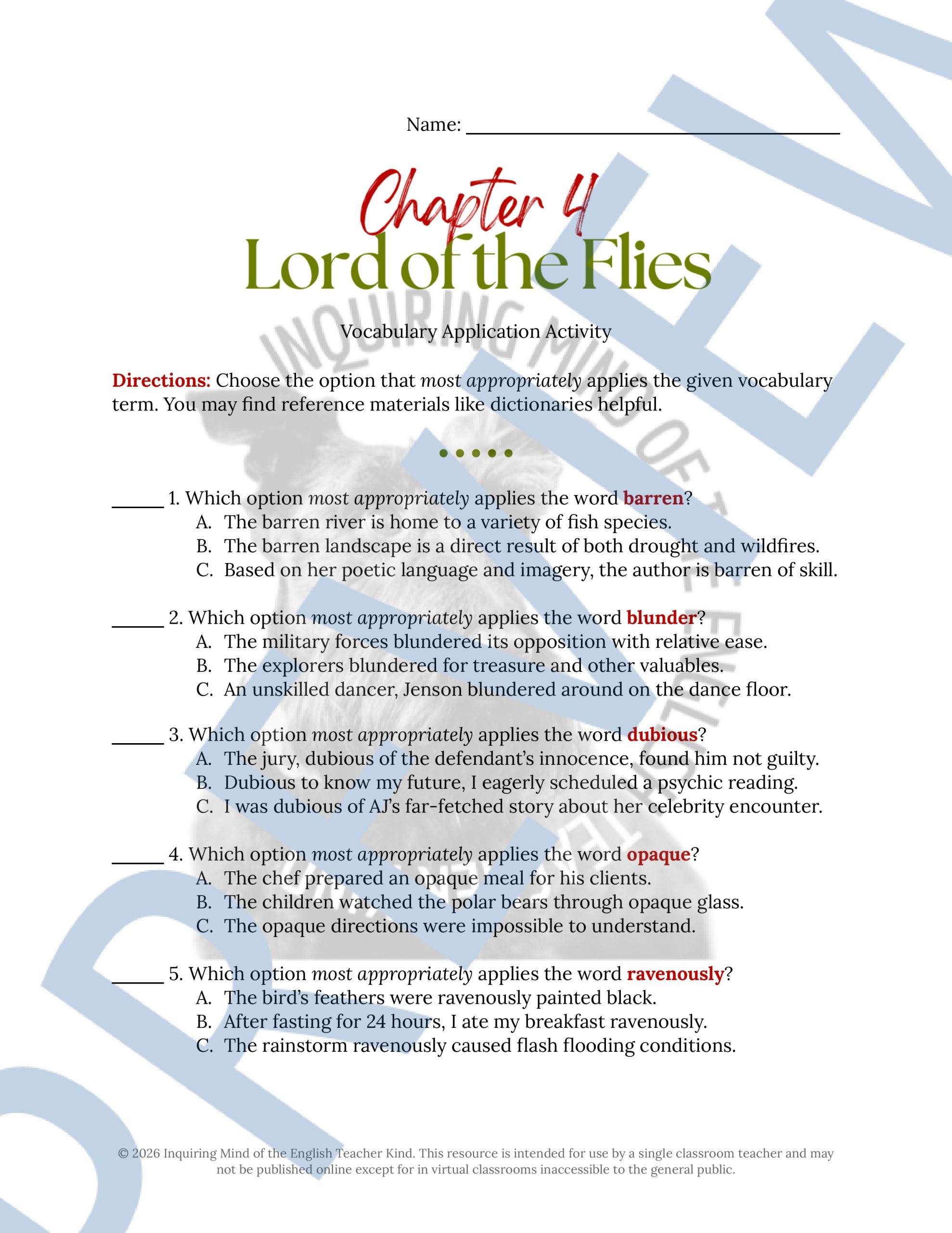 Lord of the Flies Chapter 4 Quiz, Analysis Worksheet, and Vocabulary ...