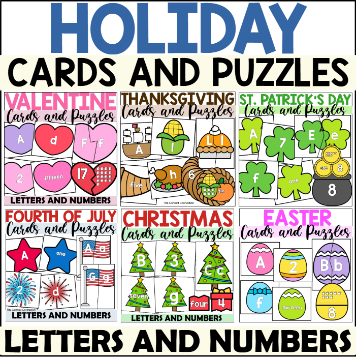 Holiday Alphabet and Number Cards and Puzzles Bundle
