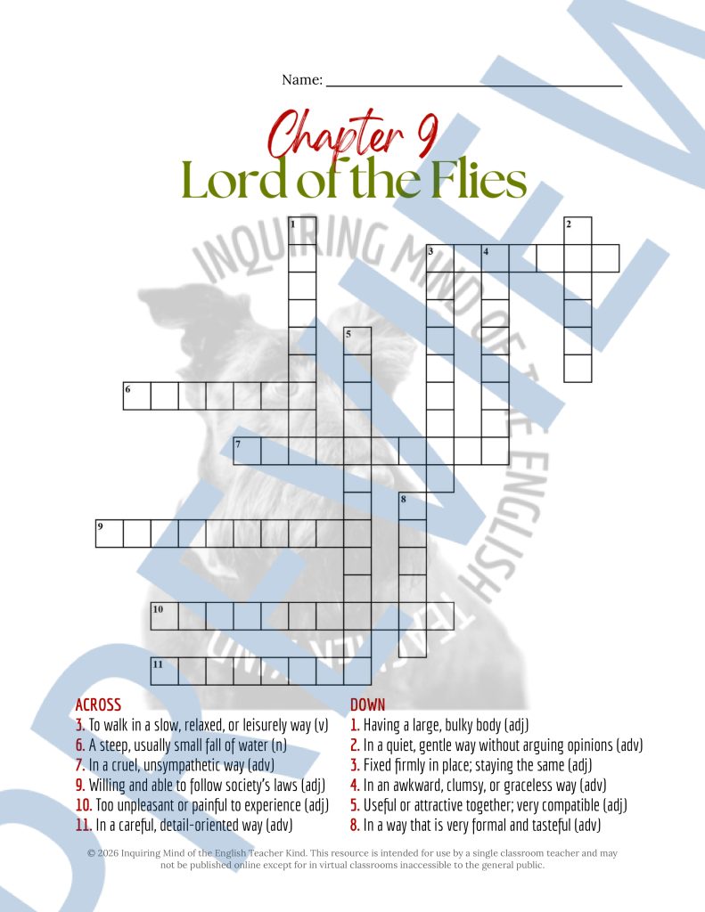 Lord of the Flies Chapter 9 Vocabulary Games | Crossword Puzzle | Word ...