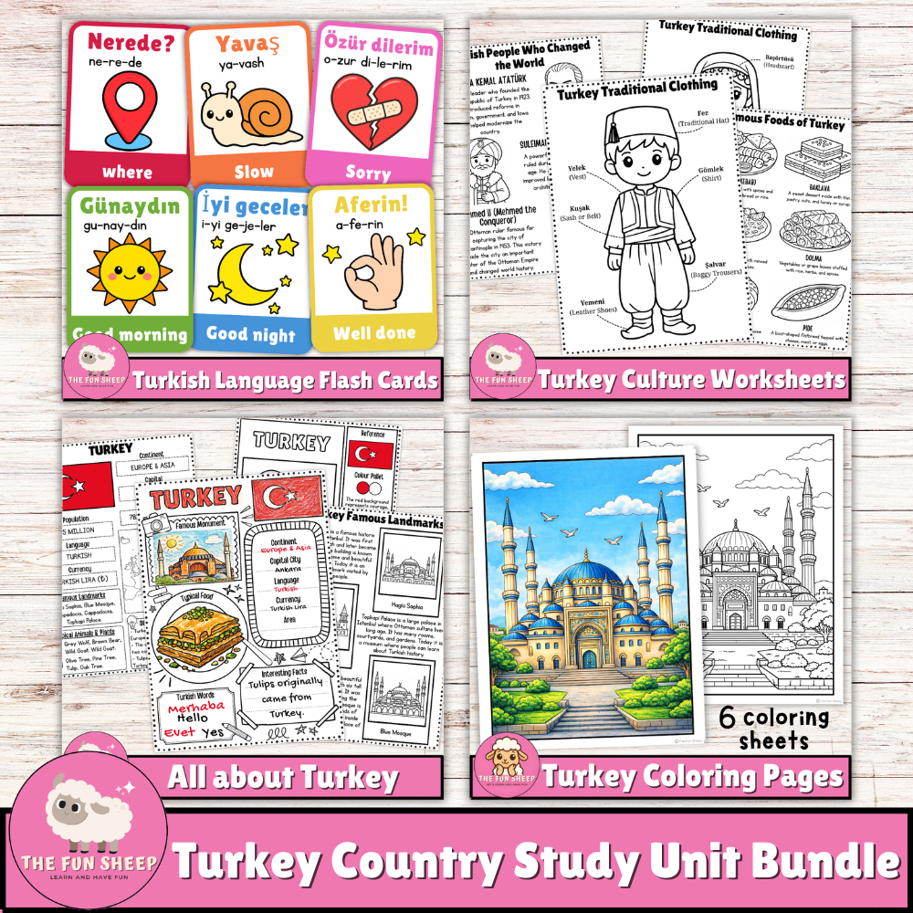 Turkey Country Study Unit Bundle Worksheets Flashcards Coloring Pages & Activities