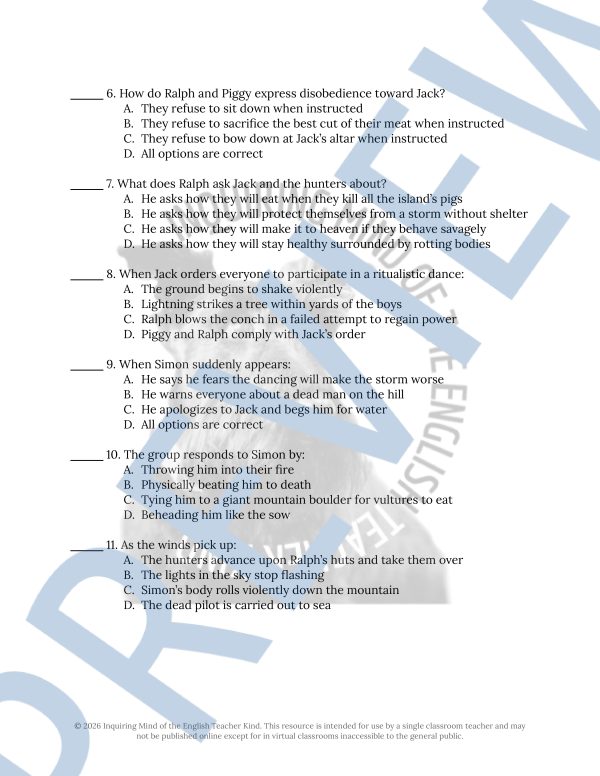 Lord of the Flies Chapter 9 Quiz and Answer Key | Guided Reading ...