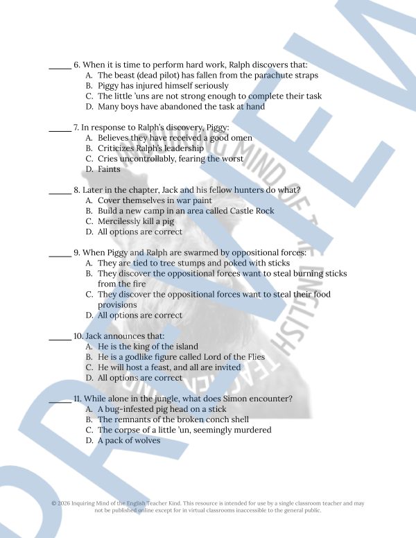 Lord of the Flies Chapter 8 Quiz and Answer Key | Guided Reading ...