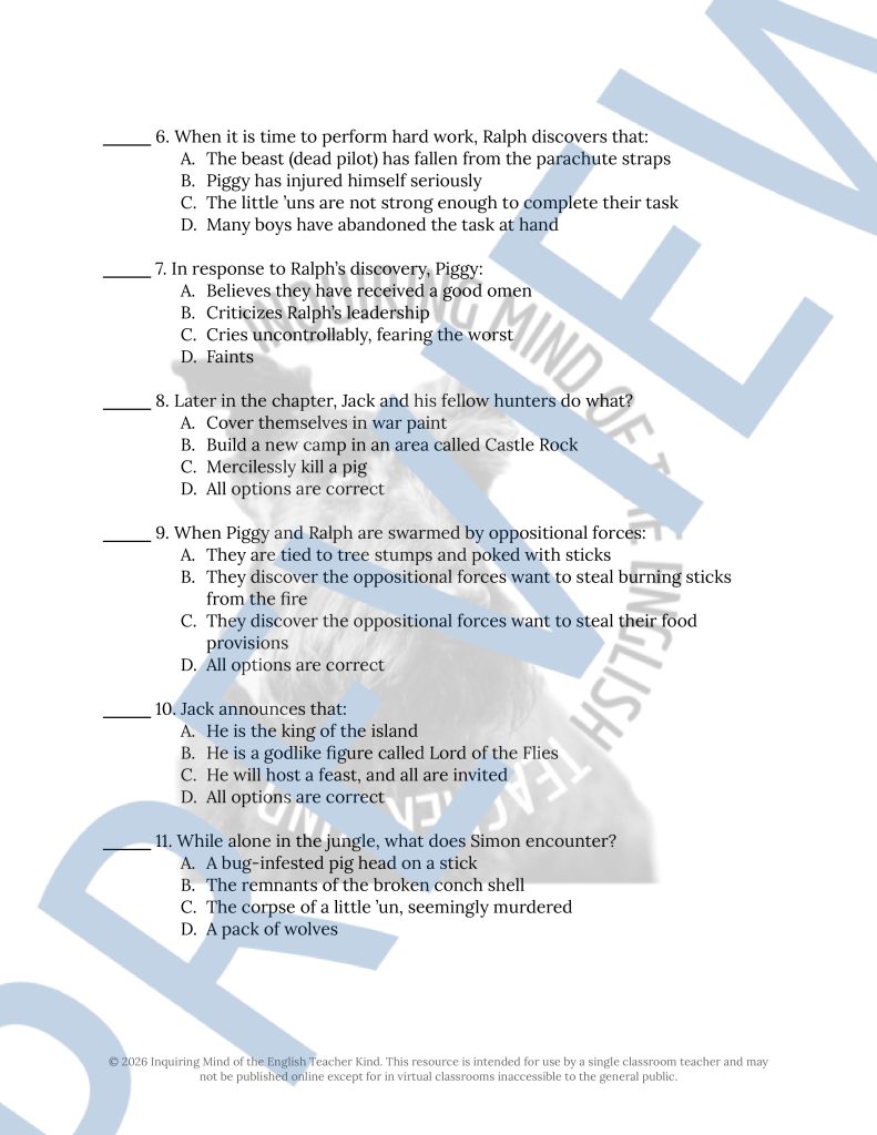Lord of the Flies Chapter 8 Quiz and Answer Key | Guided Reading ...