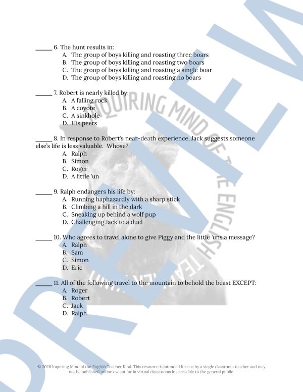 Lord of the Flies Chapter 7 Quiz and Answer Key | Guided Reading ...