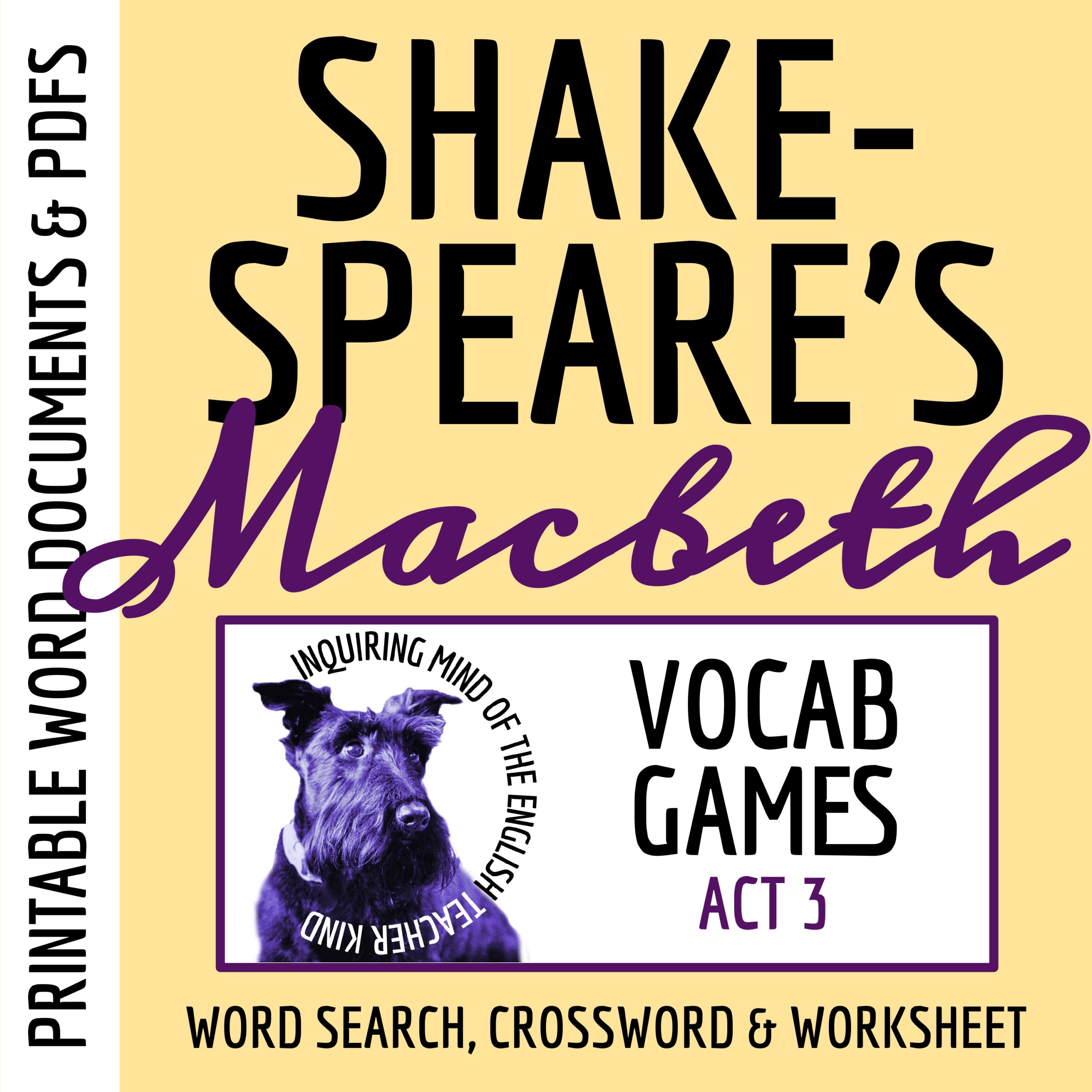 Macbeth Act 3 Vocabulary Activities | Crossword Puzzle | Word Search | Worksheet