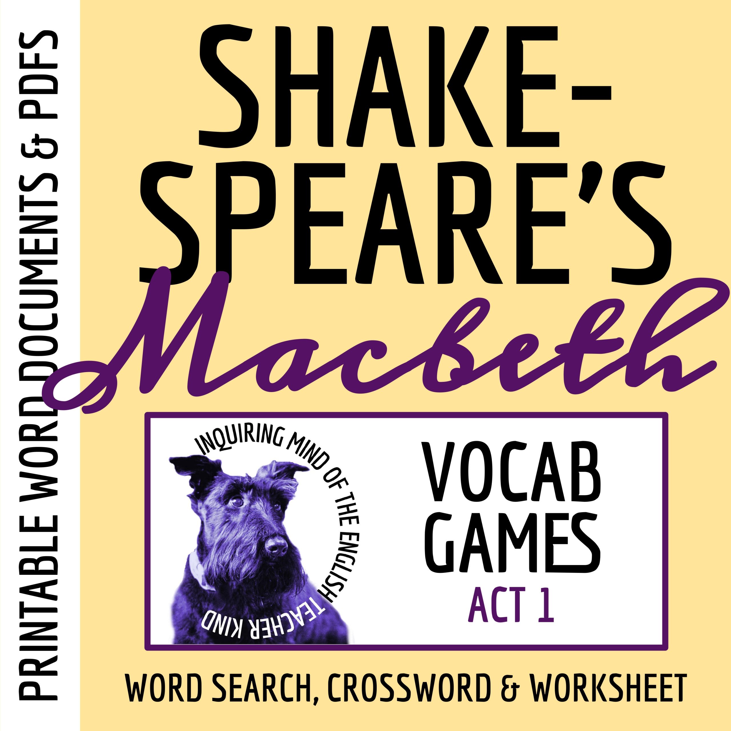 Macbeth Act 1 Vocabulary Activities | Crossword Puzzle | Word Search | Worksheet