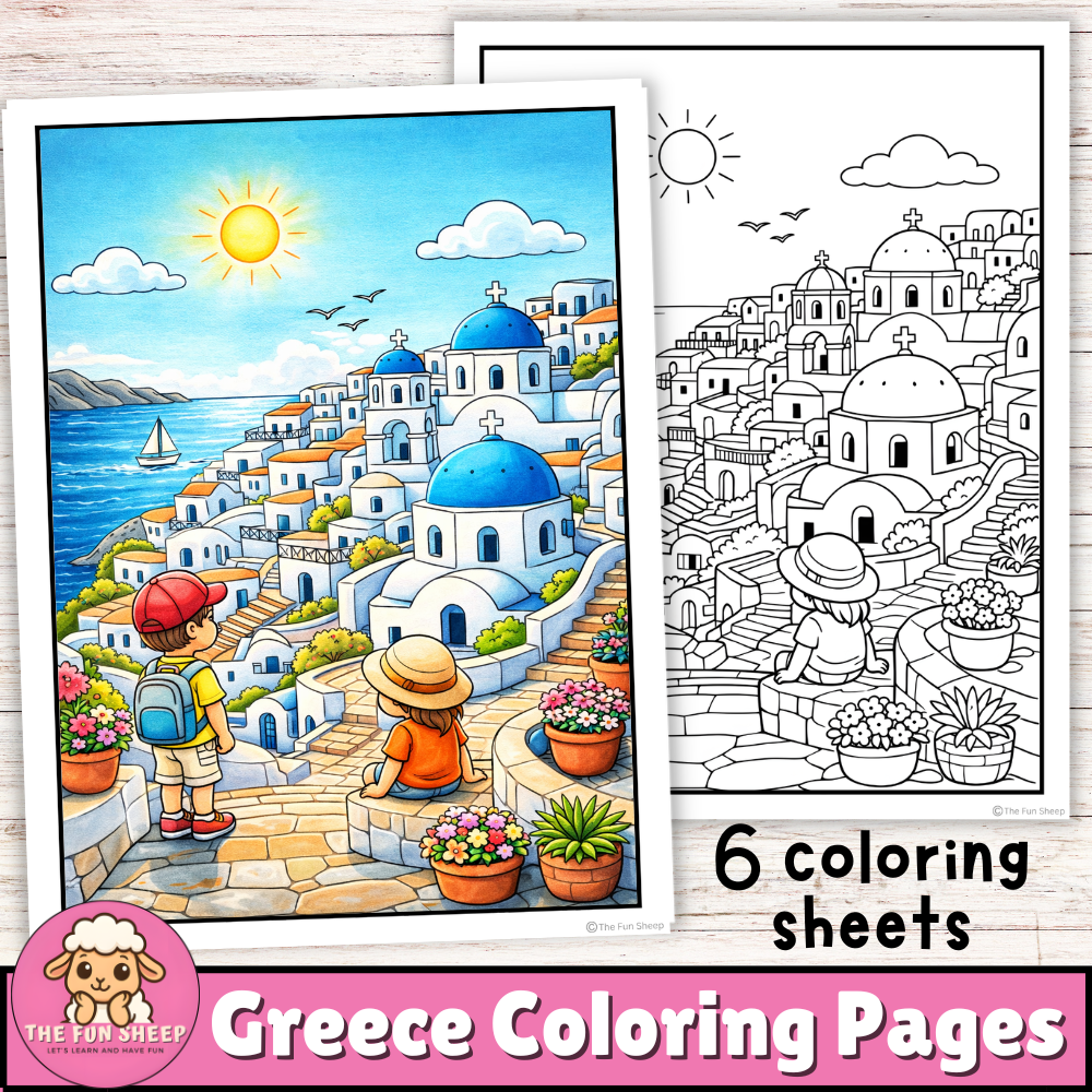 Greece Coloring Pages Santorini, Landmarks & Culture Activities for Kids