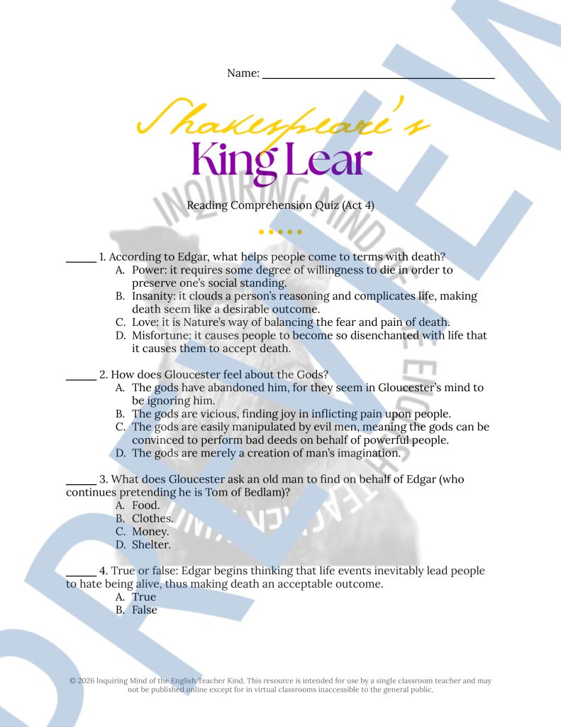 Shakespeare's King Lear Quizzes and Answer Keys | Reading Comprehension ...