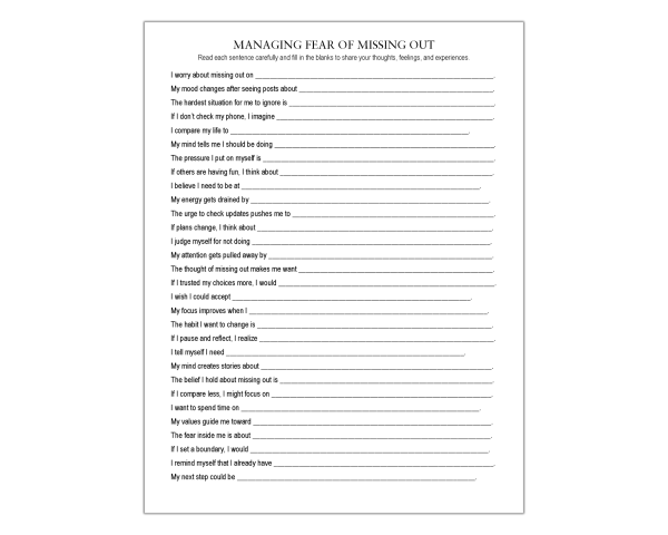 Managing Fear of Missing Out Worksheet, FOMO, Social Media, Digital ...