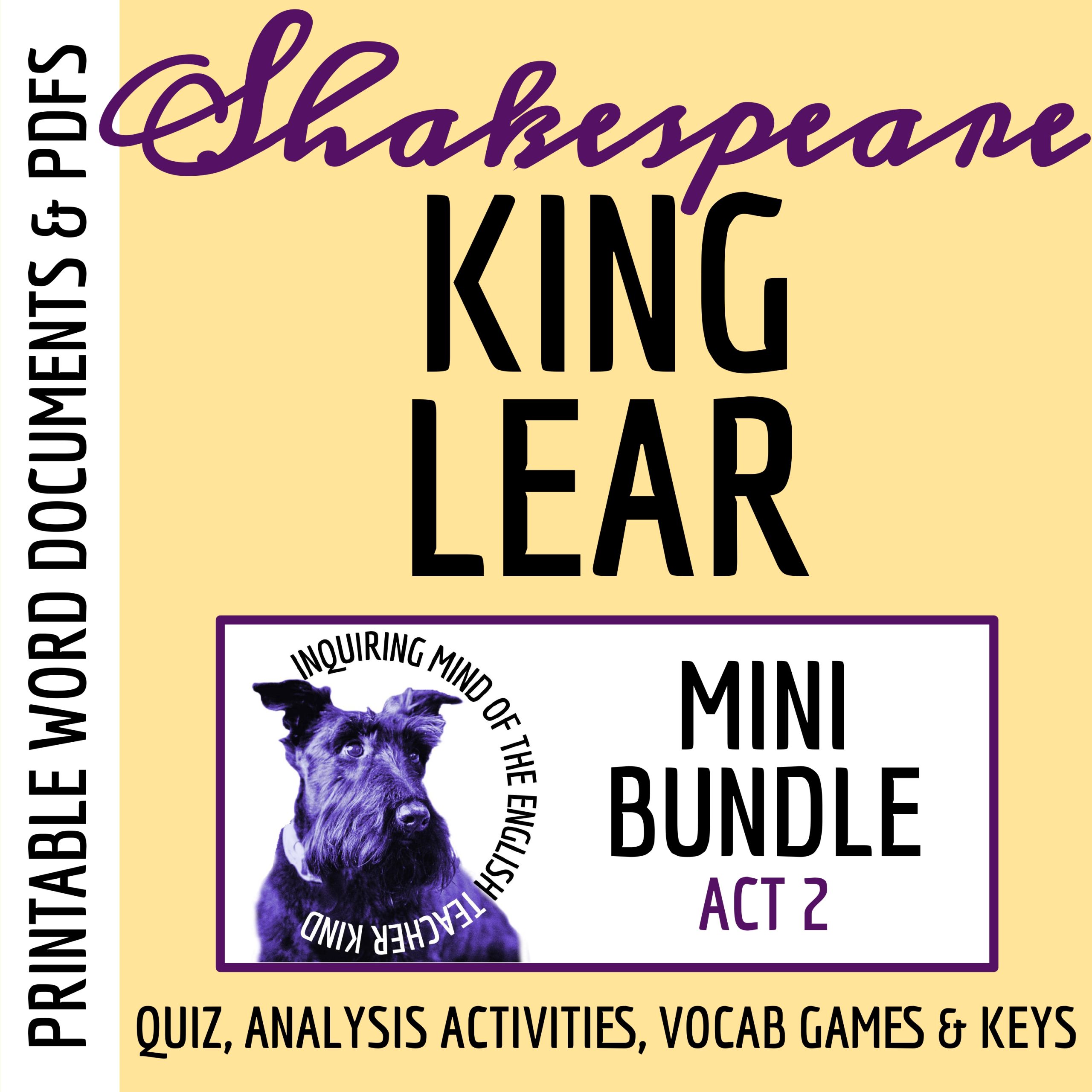King Lear Act 2 Quiz, Vocabulary Games, Close Reading Analysis Worksheets & Answer Keys
