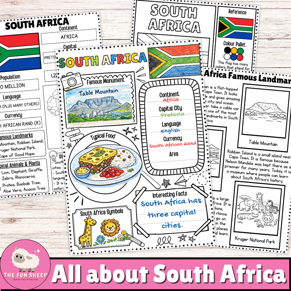 All about South Africa Country Study Worksheets, Geography Activities & Culture