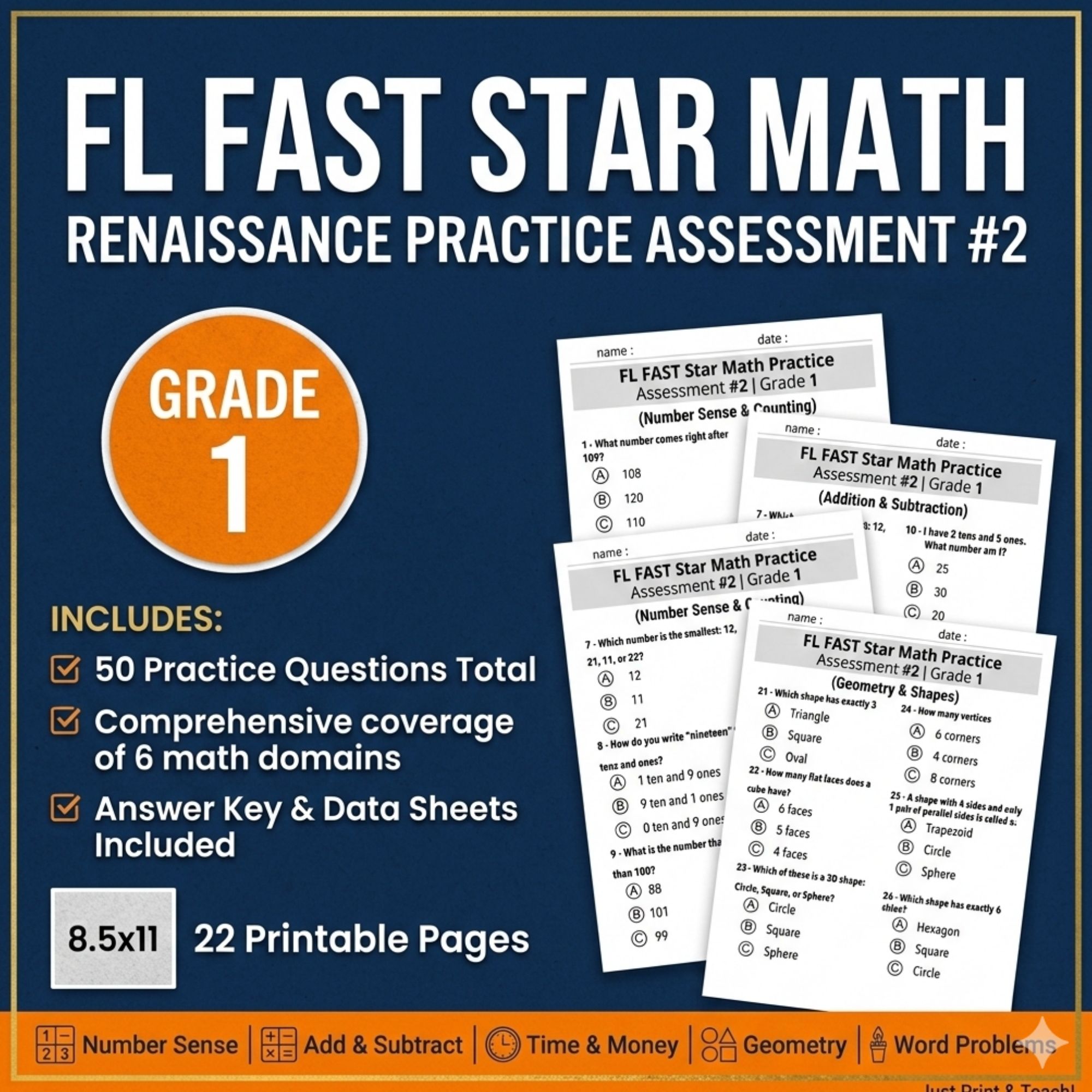 FL FAST RENAISSANCE Star Math Practice Assessment #1 | Grade 1 -Test ...