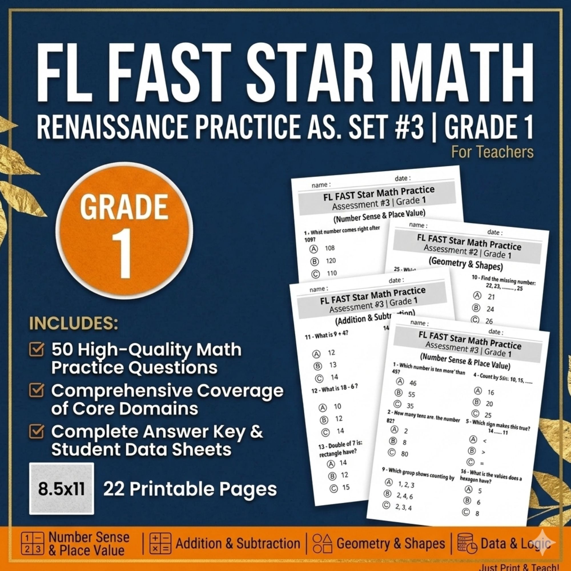 FL FAST RENAISSANCE Star Math Practice Assessment #1 | Grade 1 -Test ...