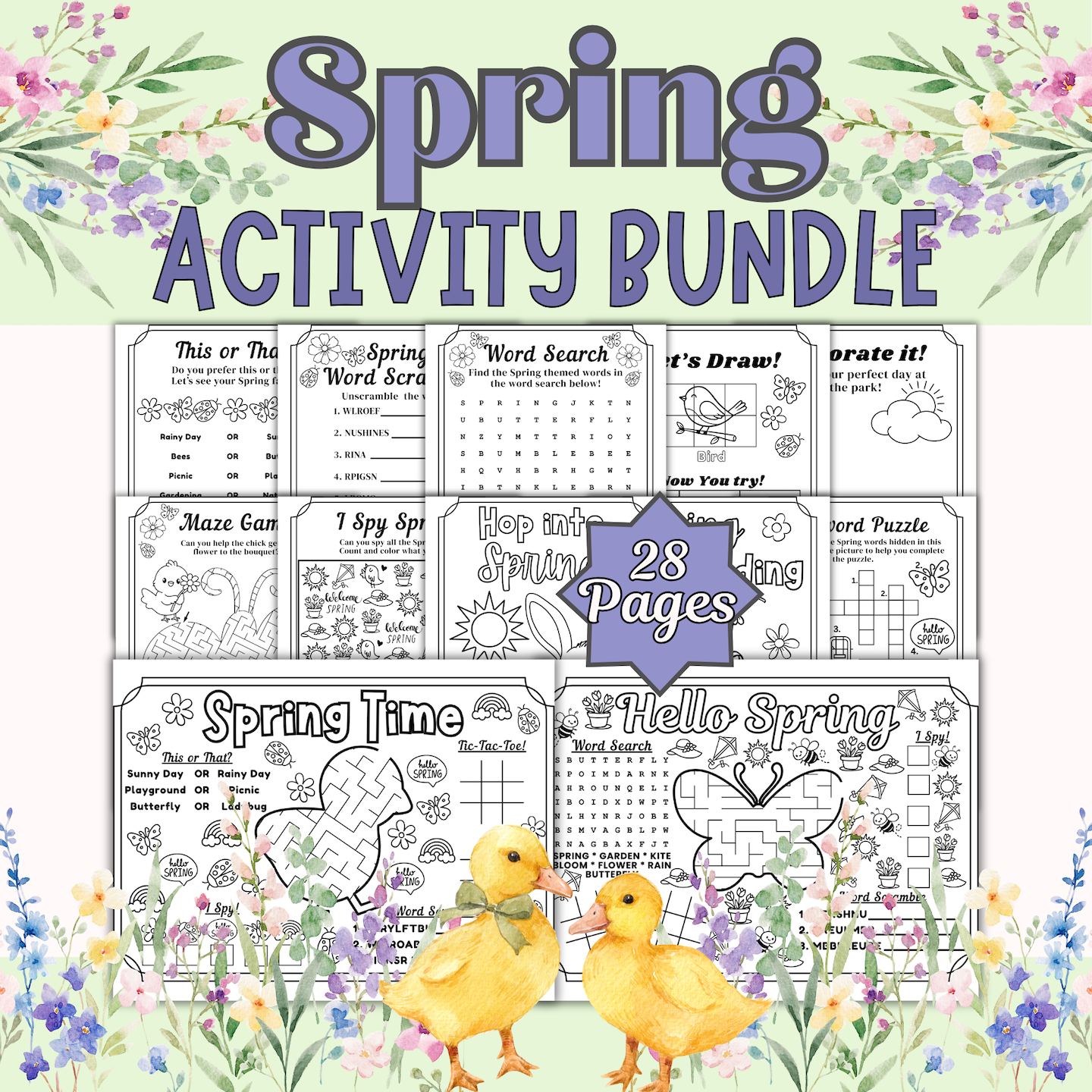 Spring Activity Bundle No-Prep Worksheets Coloring Pages Word Games Mazes & More