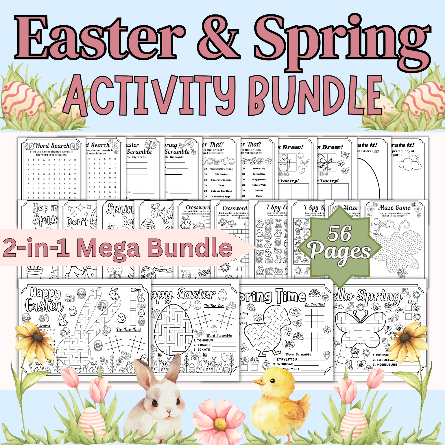 Spring and Easter Activity Bundle No Prep Worksheets: Coloring, Word Games, & More