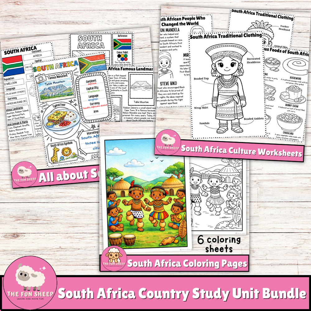 South Africa Country Study Bundle Africa Unit, Worksheets, Coloring & Activities