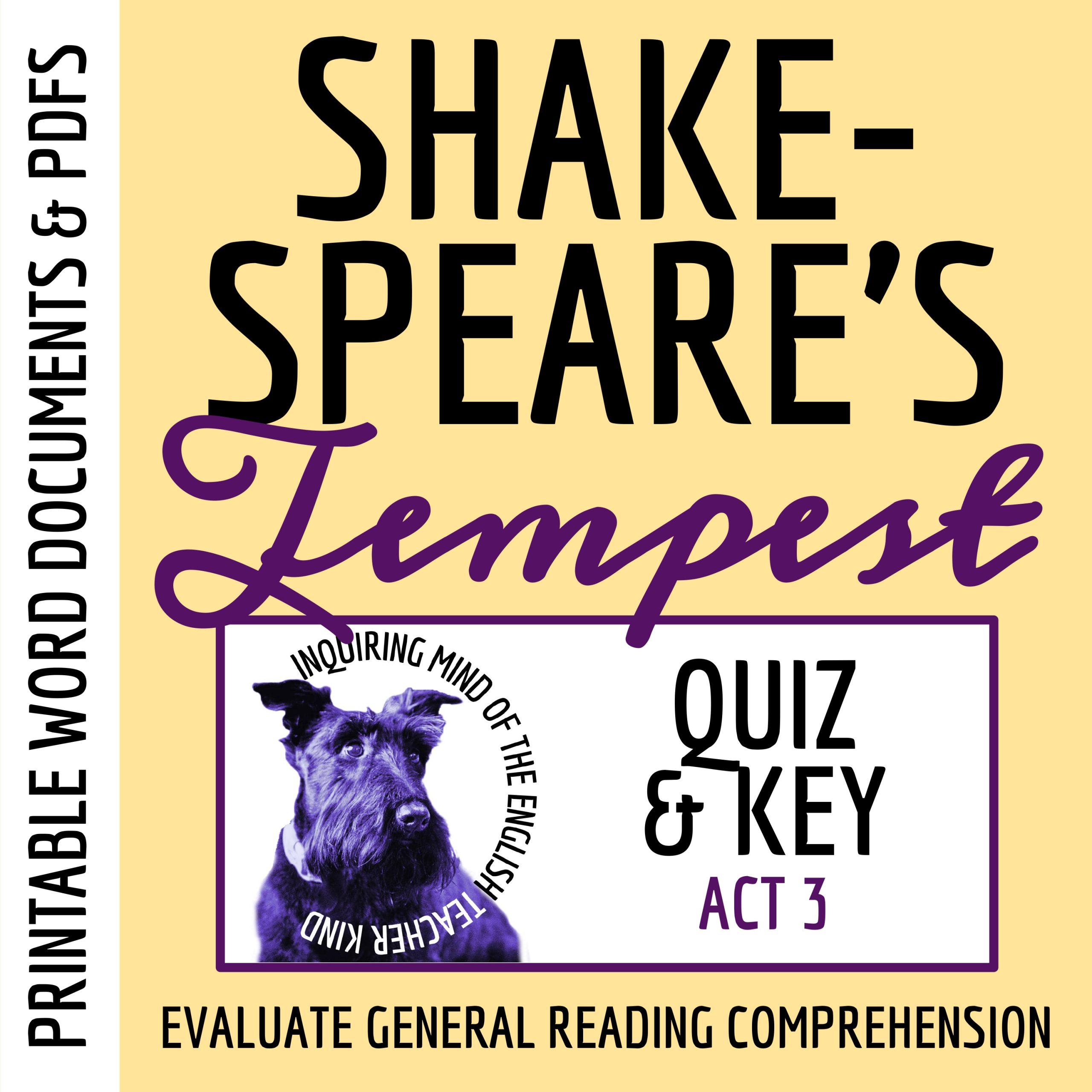 The Tempest Act 3 Quiz and Answer Key | Shakespeare Assessment | Reading Worksheet