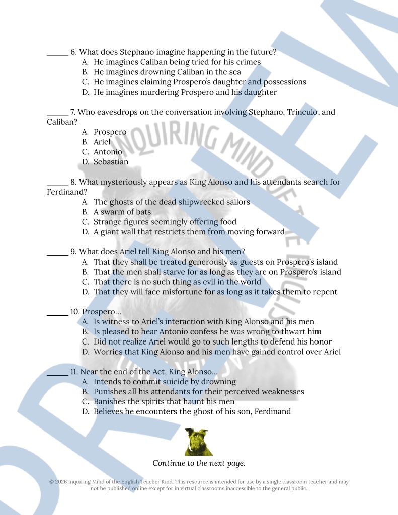 The Tempest Act 3 Quiz and Answer Key | Shakespeare Assessment ...