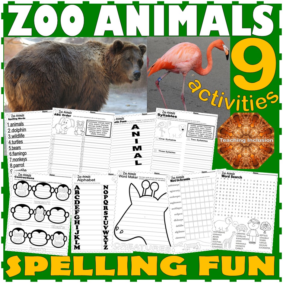 Zoo Animals SPELLING Worksheets Word Search Poem Writing NO PREP ELA Activities