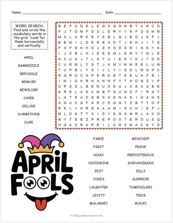 NO PREP APRIL FOOLS' DAY Word Search Puzzle Worksheet Activity | Made ...