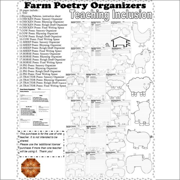 FARM Animals Poem Graphic Organizers Writing Templates Rhyming Sensory ...