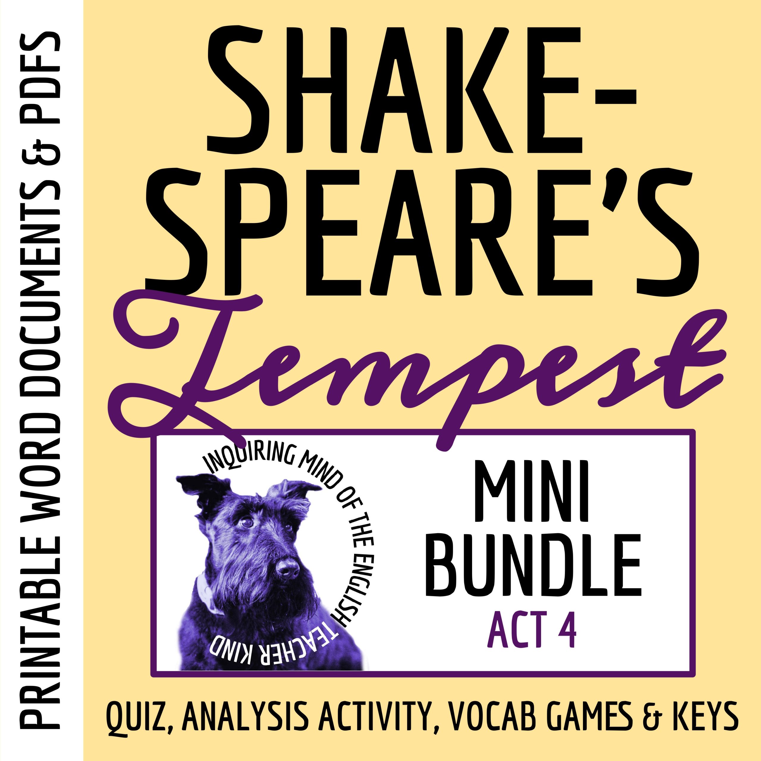 The Tempest Act 4 Quiz, Close Reading Worksheet, and Vocabulary Games Bundle
