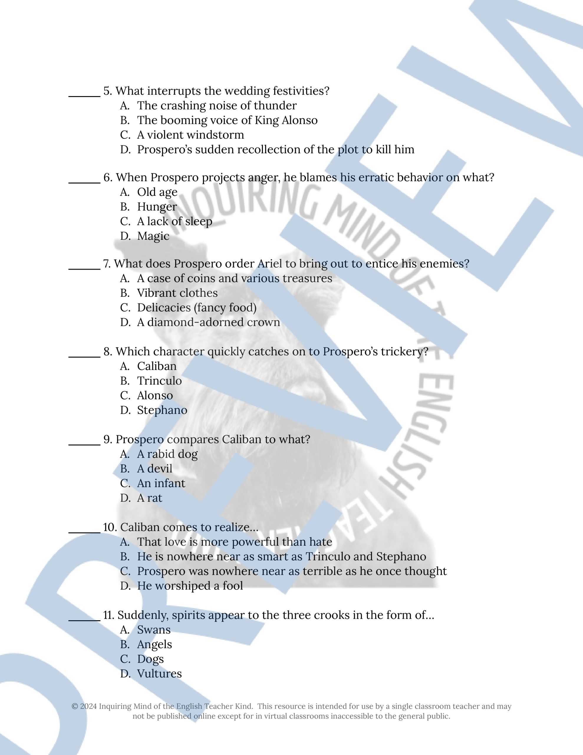 The Tempest Act 4 Quiz, Close Reading Worksheet, and Vocabulary Games ...